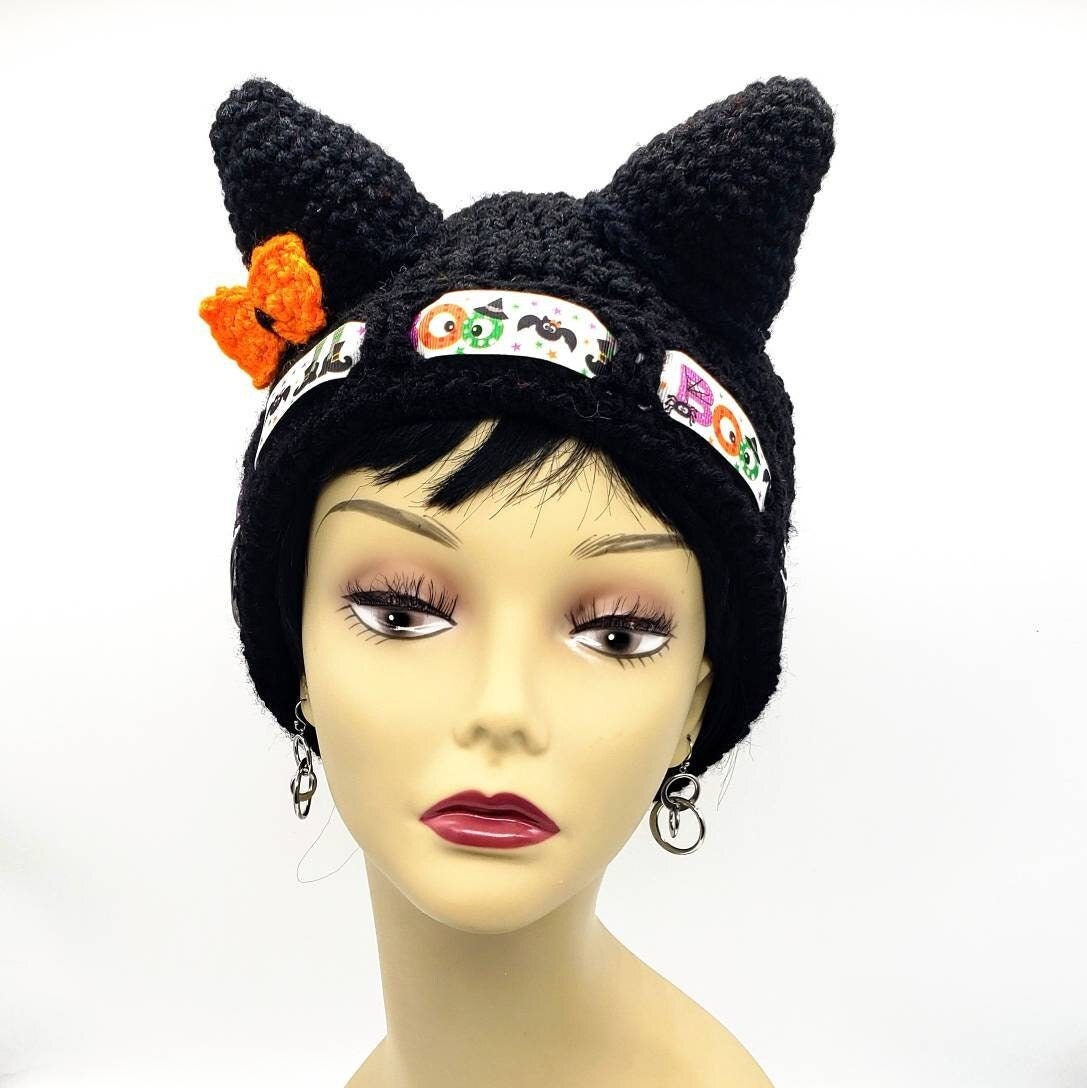 Halloween Crochet Cat Ear Beanie Women Handmade Cat Ear Hat Etsy