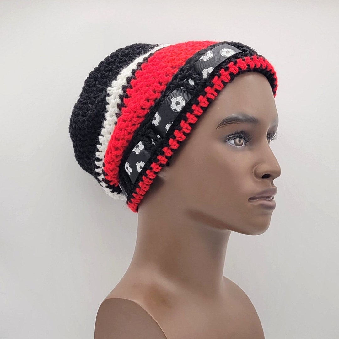 Soccer Mens Beanie Hat, Crochet Red and Black Winter Cap, Handmade