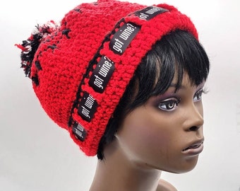 Red and Black Winter Beanie, Crochet Wine lover gifts, Handmade Cute Chunky Pompom hat, Valentine's gift, Unique 21st birthday gift - KAMILA