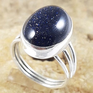 925 Sterling Silver Ring for Women Blue Gold stone Fashion Sterling Silver Statement Ring | Blue Sandstone Ring | Silver Ring