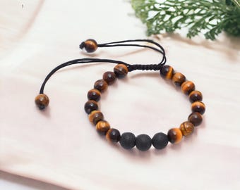 Bracciale in macramè con pietra lavica e occhio di tigre, bracciale intrecciato boho regolabile