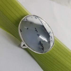 May include: Oval-shaped silver ring featuring a large, polished gemstone. The stone displays a striking pattern of white, gray, and black, with delicate, tree-like inclusions. The ring is set against a green leaf, highlighting the natural beauty of the jewelry.