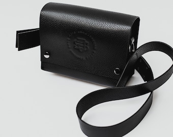 Rectangle crossbody boxy bag Black leather waist hip belt bag Wide strap minimalist bag women Cube purse