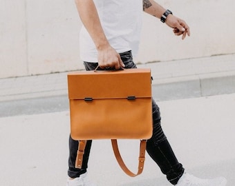 Leather messenger bag Briefcase Convertible shoulder bag Brown men Backpack Satchel bag Portfolio