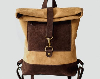 Roll top backpack purse Genuine leather rucksack Brown leather bag Unisex travel backpack College backpacks