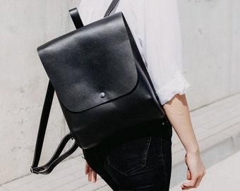 Genuine leather backpack purse Minimalist rucksack Urban city women backpack Black leather bag