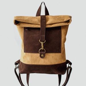 Roll top backpack purse Genuine leather rucksack Brown leather bag Unisex travel backpack College backpacks