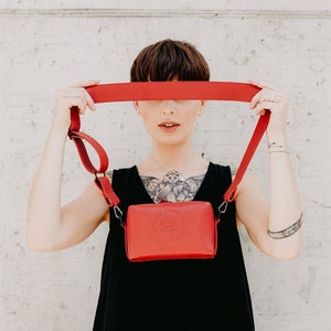 Red leather crossbody bag Minimalist belt bag Rectangle boxy hip bag Wide strap Cube shape bag image 1