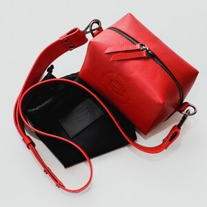 Rectangle crossbody bag purse Wide strap Genuine leather cube Shoulder bag Red Waist Belt bags image 4