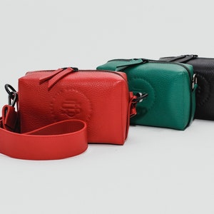 Red leather crossbody bag Minimalist belt bag Rectangle boxy hip bag Wide strap Cube shape bag image 2