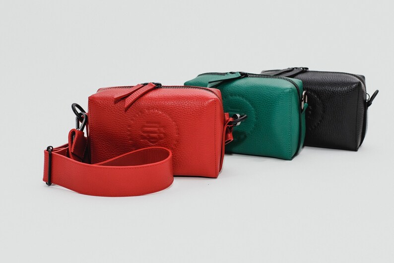 Red leather crossbody bag Minimalist belt bag Rectangle boxy hip bag Wide strap Cube shape bag image 2