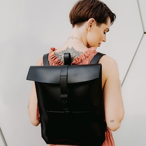 Natural leather backpack purse Women city rucksack Minimalist Black leather bag image 4