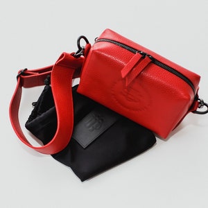 Red leather crossbody bag Minimalist belt bag Rectangle boxy hip bag Wide strap Cube shape bag image 4