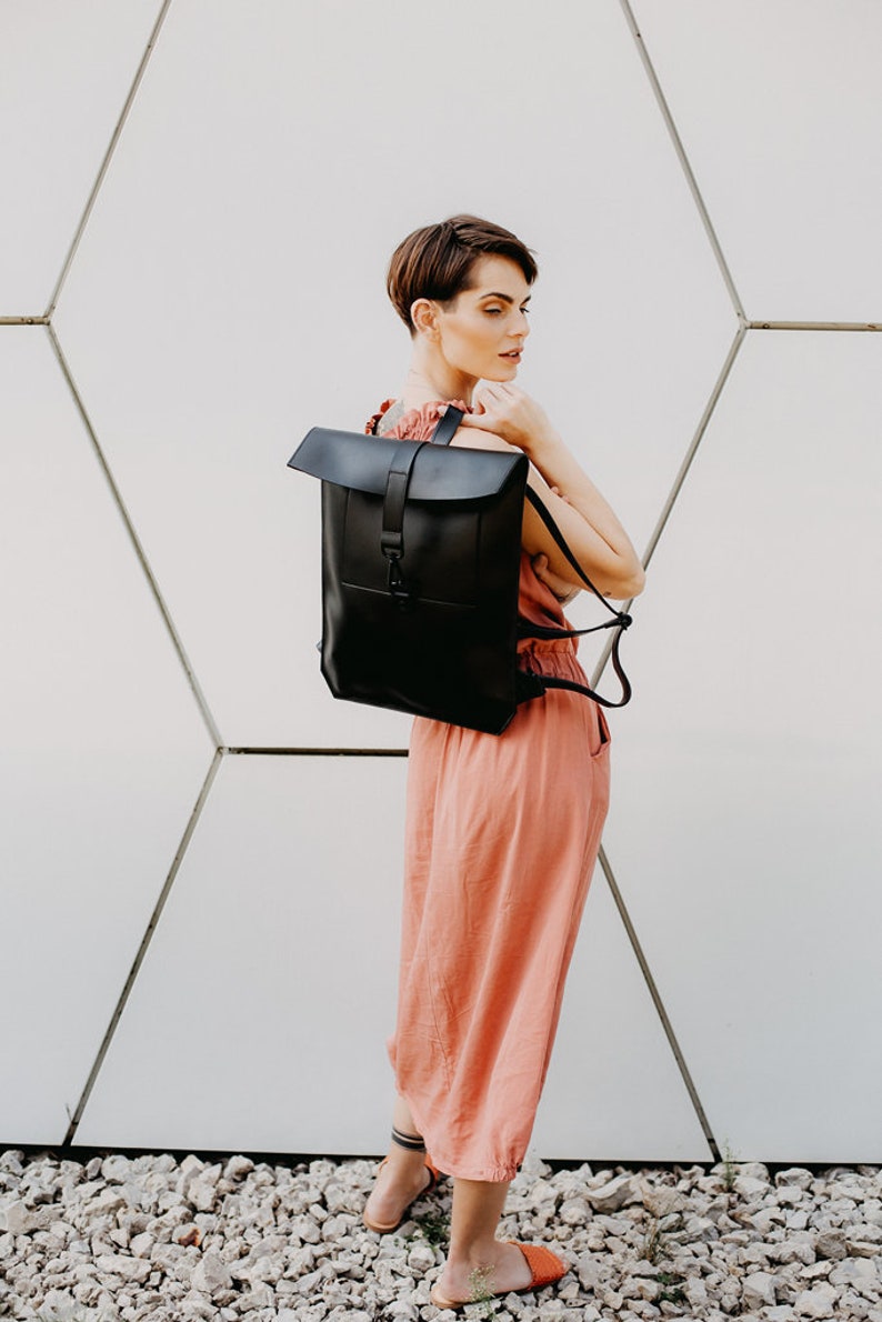 Natural leather backpack purse Women city rucksack Minimalist Black leather bag image 1