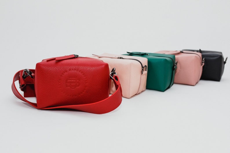 Rectangle crossbody bag purse Wide strap Genuine leather cube Shoulder bag Red Waist Belt bags image 1