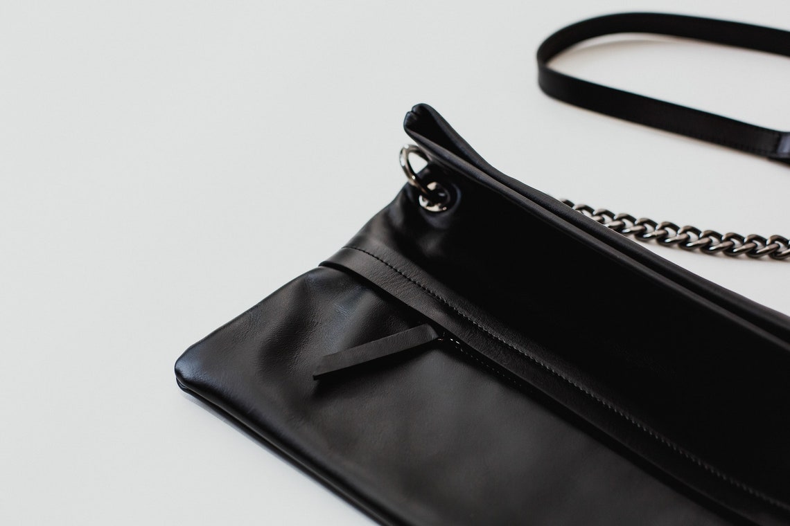 Black Leather Handbag Chain Handle Crossbody Purse Evening Bag Etsy