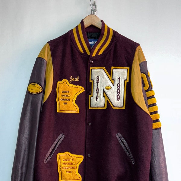 Blouson teddy/ Varsity jacket Foot Américain En laine Manches en cuir année 1999 marque Holloway Taille L  Made in USA