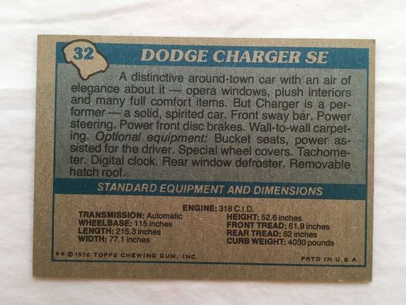 Vintage Dodge Trading Cards Royal Monaco /& Charger SE Topps Autos of 1977