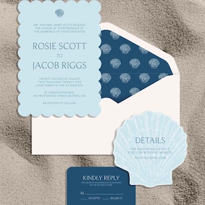 Coastal Chic 5PC Invitation Suite | Blue Seashell Wedding Invitations