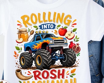 Rosh Hashanah Rolling into Rosh Hashanah Monster Truck T-Shirt, Jewish Truck Outfit Funny Jewish Toddler Baby Tee, Shana Tova Holiday Kids