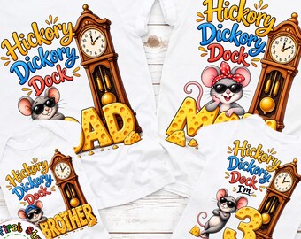 Camiseta "Hickory Dickory Dock the Mouse Ran Up the Clock", Reloj de ratón de rima infantil favorita, Fiesta de cumpleaños familiar a juego, Foto de cumpleaños