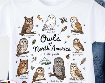 Kids Owls of North America T-Shirt, Educational Wildlife Tee for Boys & Girls, Nature Lover Gift Bird Watching Fun Learning Owls Field Guide