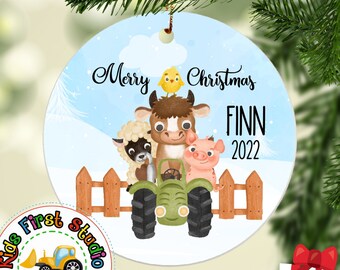 Farm Animals Ornament, Farm Tractor On The Farm Christmas Ornament Gift Personalized Farm Cow Sheep Pig Ornaments for kids baby toddler