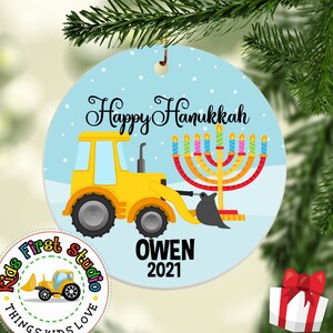 Happy Hanukkah Digger Ornament, Personalized Gift Ornament, Hanukkah Menorah Construction Truck Ornament Decoration Jewish Christian Gift