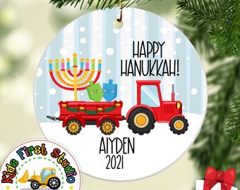 Happy Hanukkah Red Tractor Ornament, Personalized Gift Ornament, Hanukkah Menorah Dreidel Ornament Decoration Jewish Christian Gift Keepsake