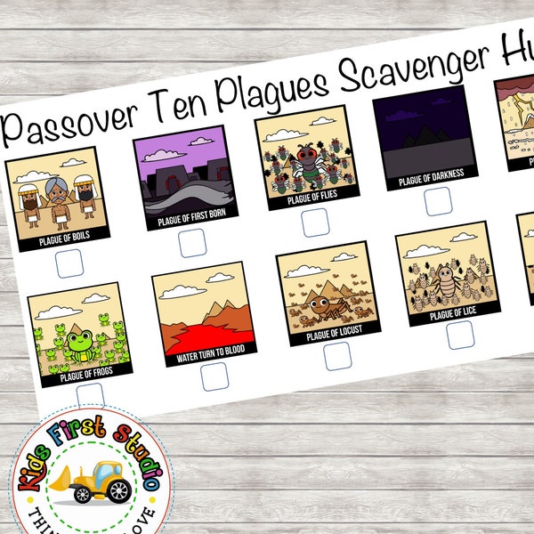 Passover Ten Plague Scavenger Hunt, Kids Passover Game Printable, Pesach Scavenger Hunt Activity For Toddlers, Haggadah Game Jewish Holiday