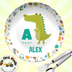 Personalized Animals Alphabet Plate Gift for Kids | Kids Plate Personalized Gift Animals ABC Custom Food Plate For Boys Girls Toddlers Kids