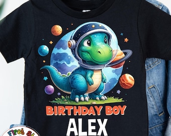 T-Rex Outer Space Birthday Boy Shirt, Personalized Dinosaurs Birthday T-Shirt, Space Adventure Toddler Shirt, Dinosaur Dino Astronaut Tee