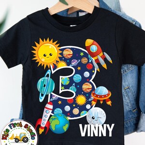 Personalized Outer Space 3 Year Old 3rd Birthday Party Kids T-Shirt For Boys Girls Toddlers Space Birthday Party Supplies T-Shirt 3 Year Old