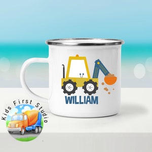 Construction Excavator Kids Mug | Excavator Mug Personalized Gift for Boys | Personalized Enamel Mug | Trucks Gifts for Toddler Boys Girls