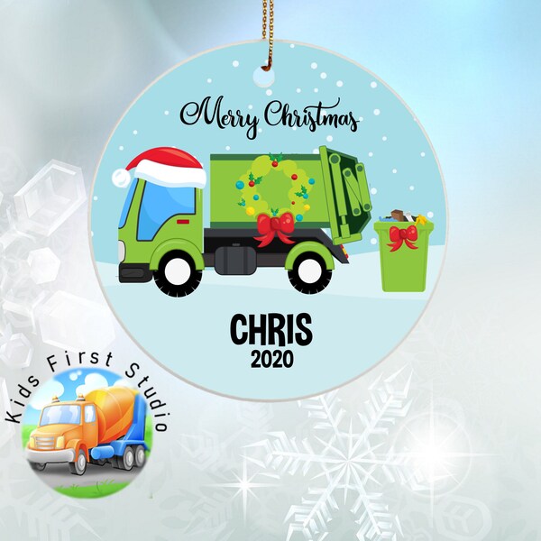 Garbage Truck Christmas Ornament, Personalized Boy Ornament, Christmas Tree Kids Ornament, Garbage Truck Day Gift For Toddler Boys Keepsake