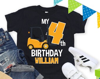 Boy 4th Birthday Shirt, Construction Forklift Digger Birthday Shirt, PERSONALIZED 4 Year Old Birthday Toddler Outfit, Warehouse Birthday Boy