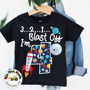 Outer Space Blast Off Shirt, 4 Year Old 4th Birthday Party T-Shirt, Solar System Stars Birthday, 4 Yrs Boy Kids Shirt, Space Birthday Gift