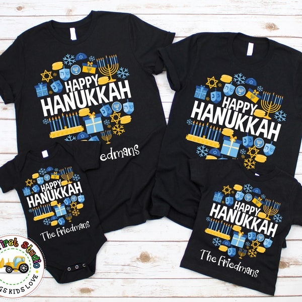 Happy Hanukkah Family Matching T-Shirts, Personalized Matching Hanukkah Dreidel Menorah Candle Lighting Party Family Baby Toddler Kids Adult