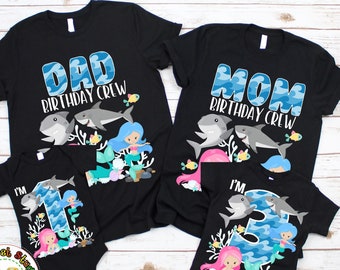 Family Matching Sharks and Mermaids Birthday Shirts Personalized Sea Ocean Birthday Party Family Birthday Outfit Kids Toddlers & Adults Tee