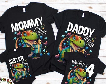 May include: A set of four black t-shirts featuring a dinosaur graphic and the text "Mommy Rawr!", "Daddy Rawr!", "Sister Rawr!" and "Rawr! I'm 4 Jack".