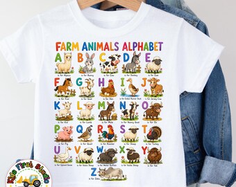 ABC Alphabet Kids T-Shirt | Farm Animals Dinosaurs & Animals A-Z | Learning Letters Shirt | Choose Your Theme | ABC A to Z Boy Girl Toddler