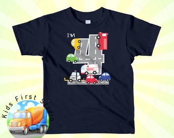Boys Emergency Vehicles Birthday Party Supply 4th Birthday 4 Year Old Transportation Cars Fire Truck Police Car Kids T-Shirt