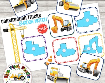 Caminhões de construção ocupados livro de atividades sombra atividade de correspondência para crianças ferramentas de aprendizagem de caminhão imprimível homeschool pré-escolar pré-k crianças