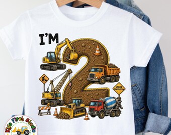 Kids 2nd Birthday Construction Trucks Vehicles Transportation T-Shirt 2 Year Old Trucks Tee Excavator Crane Dumo Truck Bulldozer Shirt Boys