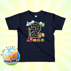 Airplane Train Crane Trucks Vehicles Transportation Birthday Party 2 Year Old Birthday Boy Party Outfit 2nd Birthday Kids Toddler T-shirt