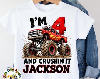 Monster Tuck Birthday Boy Trucks Vehicles Transportation T-Shirt Big Red Monster Truck Tee Four and Crushing It Toddler Shirt Change Any Age