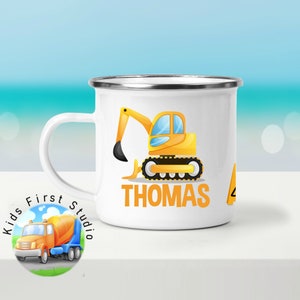Personalized Digger Excavator Mug Gift for Kids | Kids Mugs Custom Gift Construction Truck Garbage Day Enamel Mug For Boys Girls Toddlers