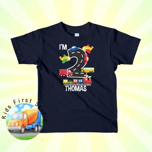 Personalized I&#39;m 2 Birthday Boy 2nd Bday Train Plane School Bus Fire Trucks Cars Number 2 2nd Birthday Theme Toddler Kids T-shirt