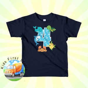 4th Birthday Party 4 Year Old Sea Fish Aquarium Birthday Boy Sea Ocean Animals Aquarium Bday Party Supply Short sleeve kids t-shirt