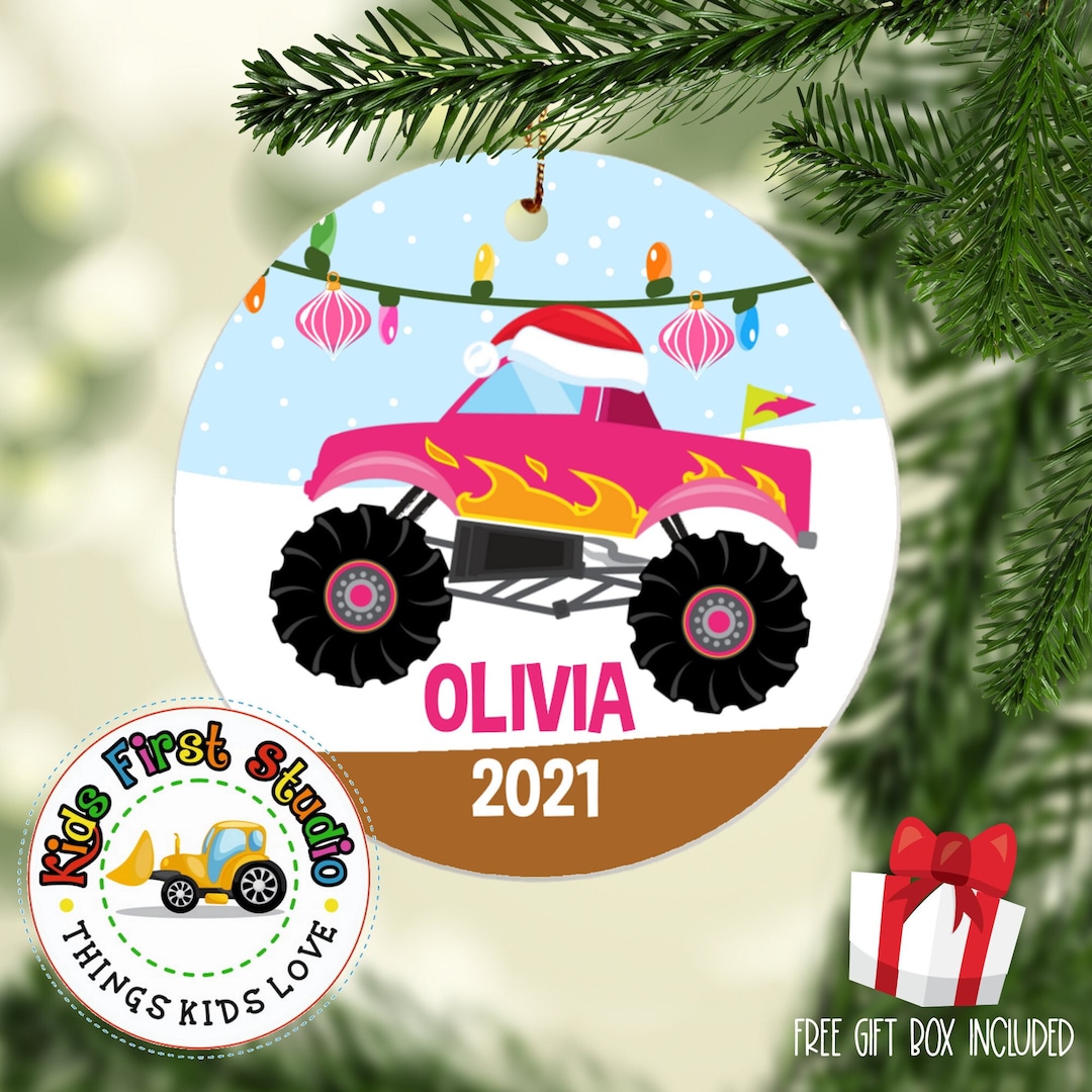 Monster Truck Christmas Ornament, Personalized Girls Ornament